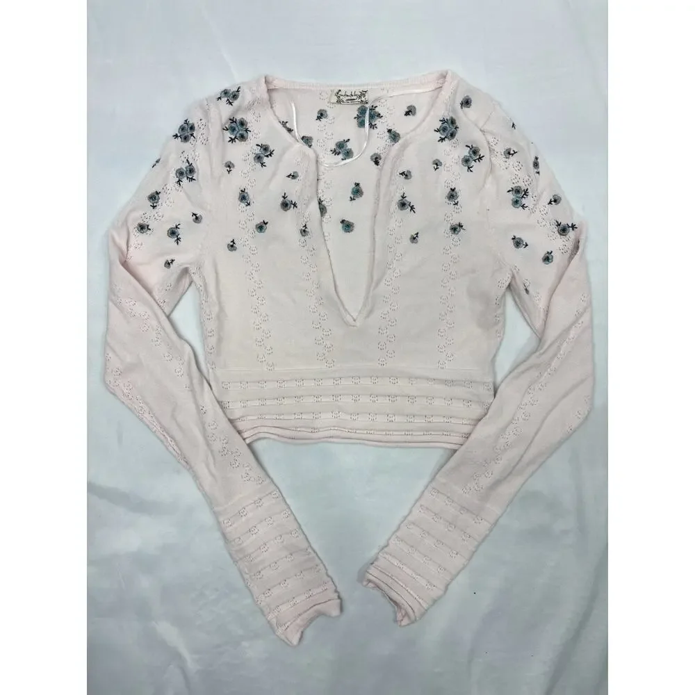 INTIMATELY FREE PEOPLE Chill Out Pointelle Crop Top Pink Floral Boho V-Neck XS